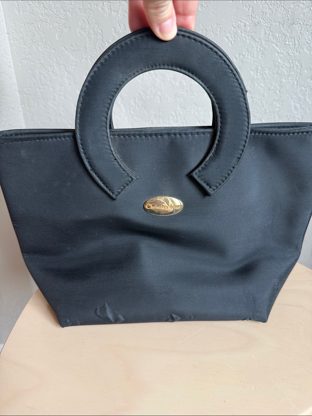 β¨CHRISTIAN DIOR Black Mini Luxury Zip Top Tote Purse/Makeup Bag VINTAGE